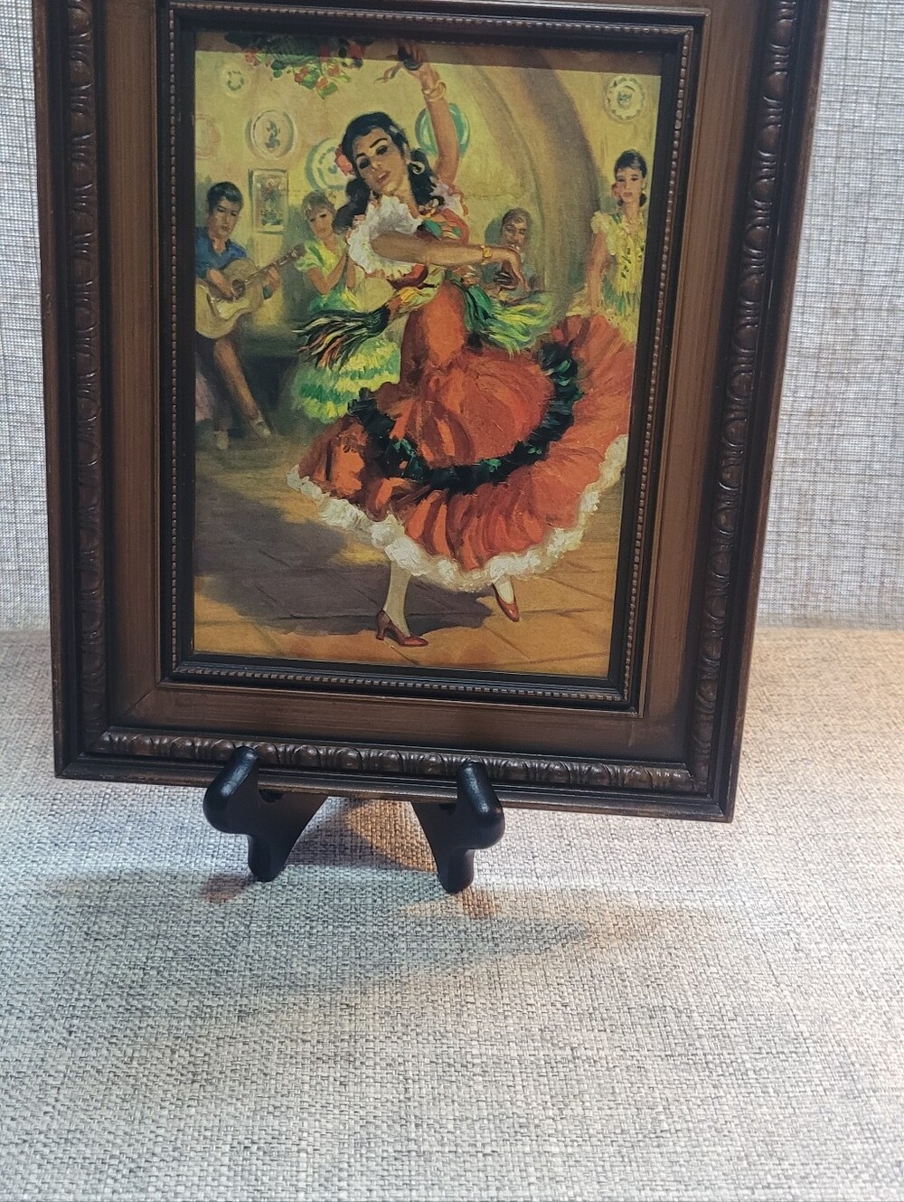 Vintage Framed Dance Scene Painting - Red Dress